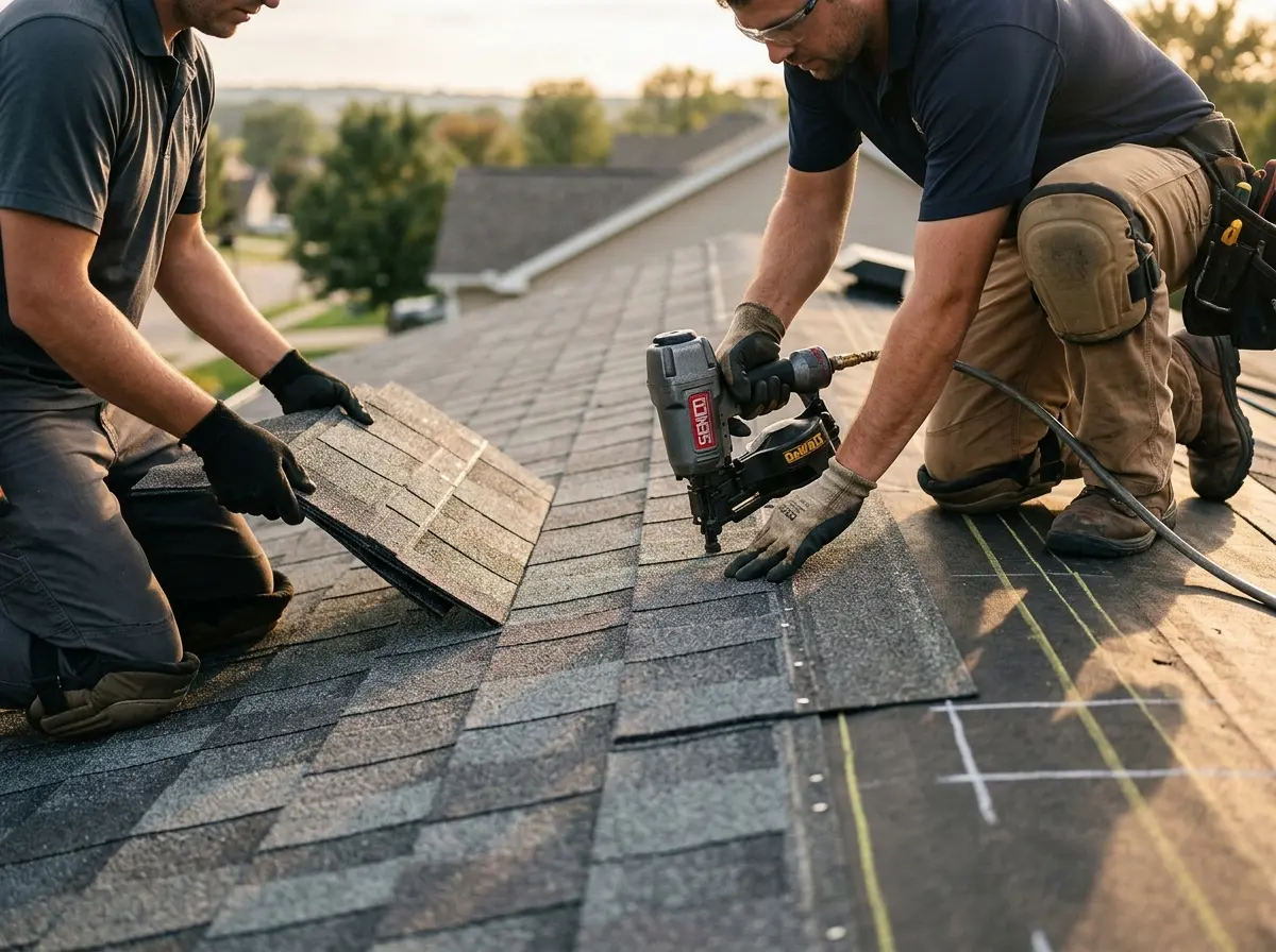 Professional roofer working on a residential roof in Clemson